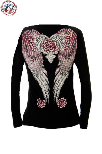 V-Neck Long Sleeve Shirt With Pink Rose & Heart - American Outdoor Woman