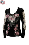 V-Neck Long Sleeve Shirt With Pink Rose & Heart - American Outdoor Woman