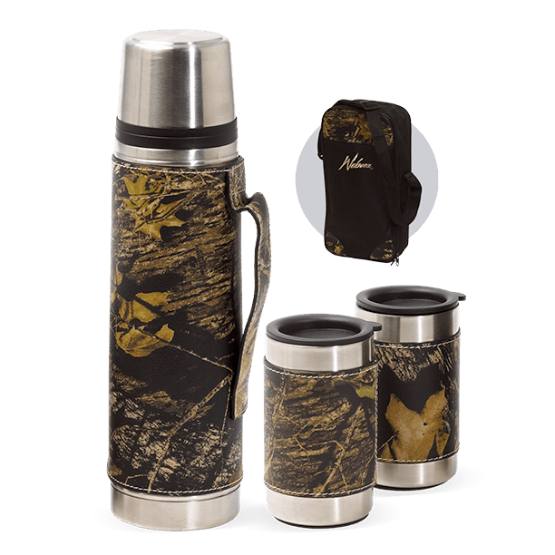 Camo Leather Wrapped Vacuum Bottle/Mug Set/With Case - American Outdoor  Woman